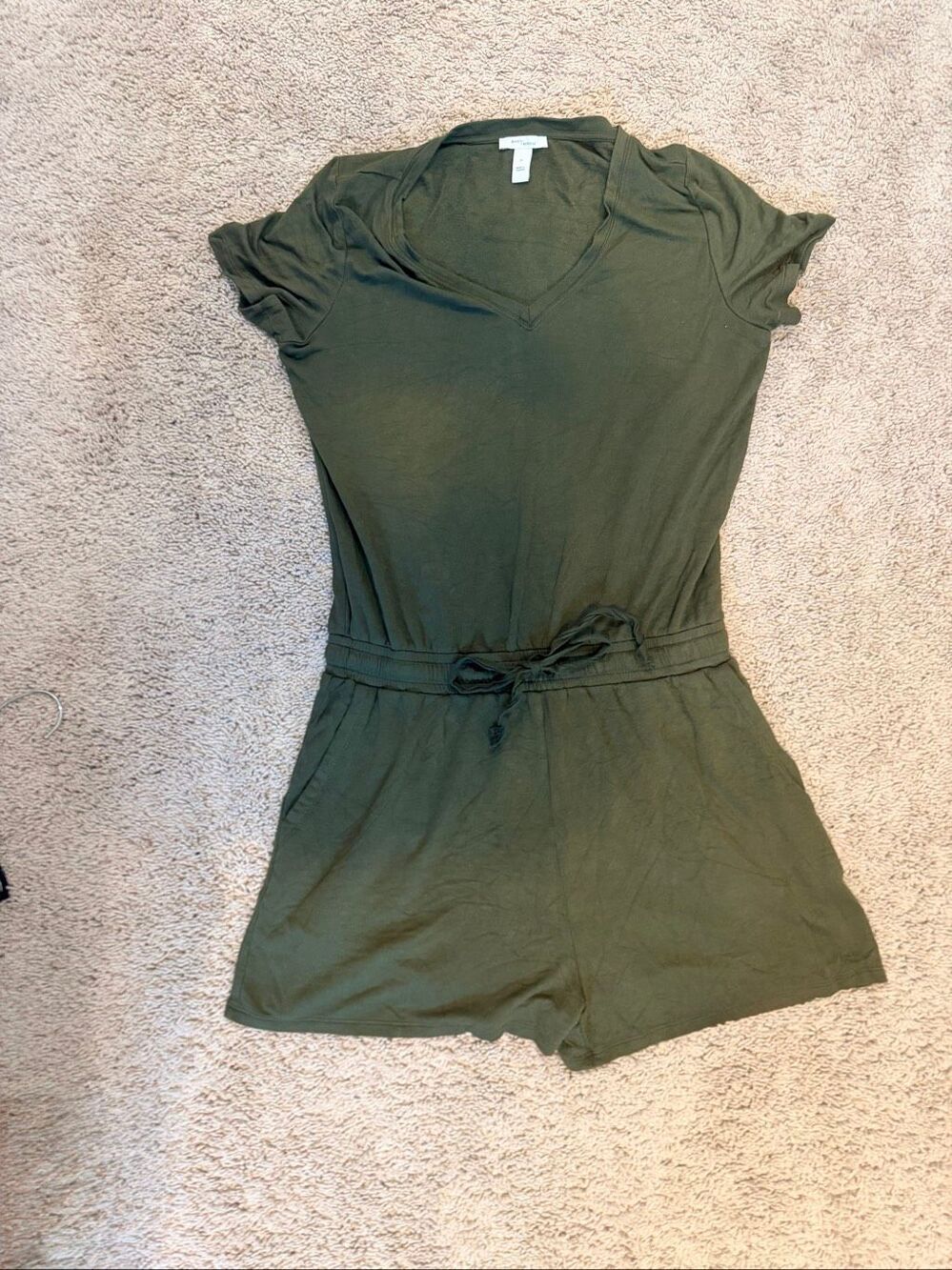 Daily Ritual Olive Green Terry Puff Sleeve Drawstring Romper Shorts Size M